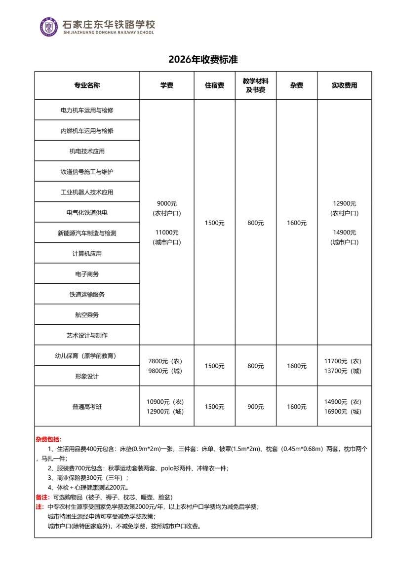 石家莊東華鐵路學(xué)校2026年秋季招生學(xué)費(fèi)多少錢(qián)？有資助政策嗎？